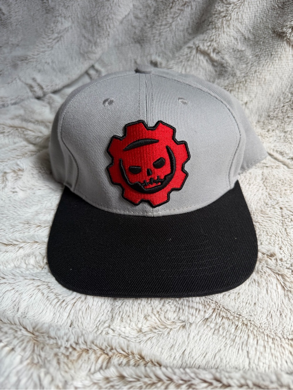 Funko Gray & Black Snapback Hat with Red Gear Skull Patch
